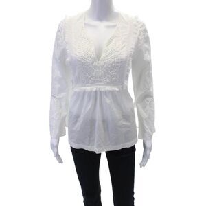 VMT Womens Long Sleeve Fringe Embroidered V Neck Shirt White Cotton Size Small
